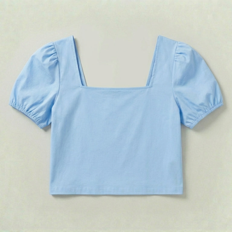 Image 1 of Light Blue Square Neck Puff Sleeve Crop Top